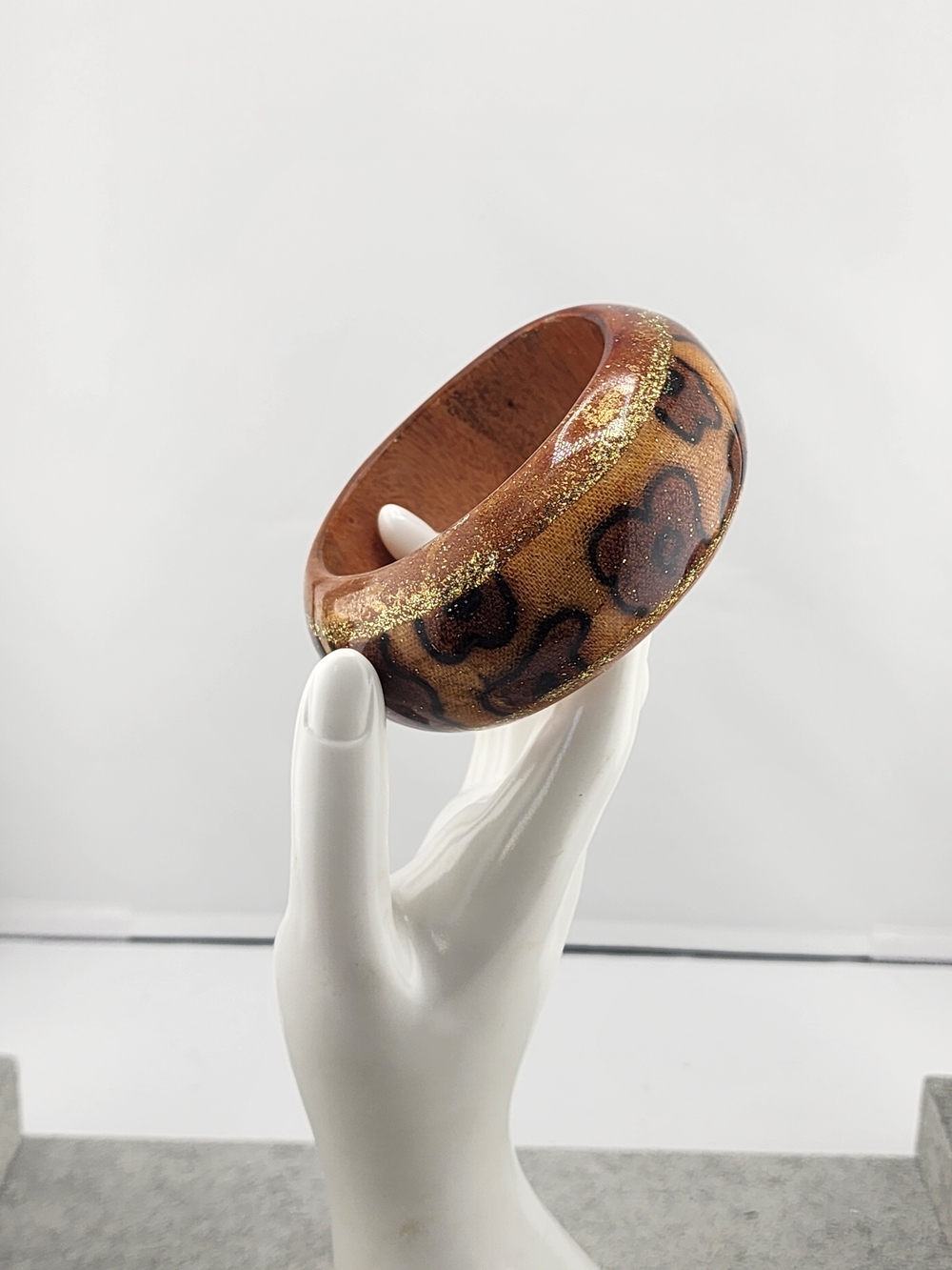 7.5in Leopard Print Gold Accent Wood Bangle Bracelet - Women Jewelry